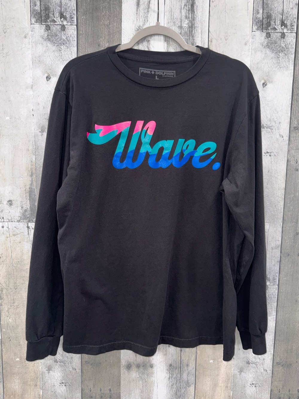 Pink Dolphin Black Long Sleeve Tee with Pink and Blue Wave Graphic Sz. L